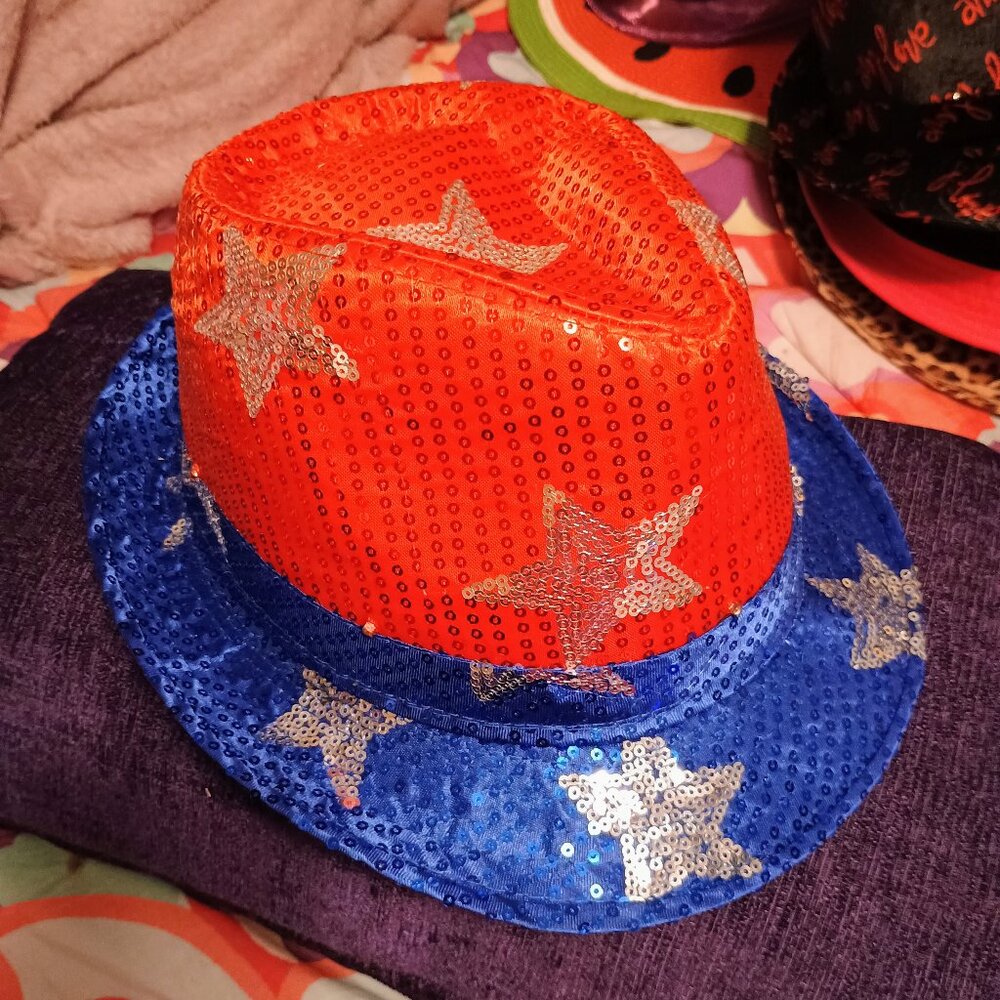 Womens Red, Blue, Silver Stars, Sequin Hat, New, Lights up, needs batteries